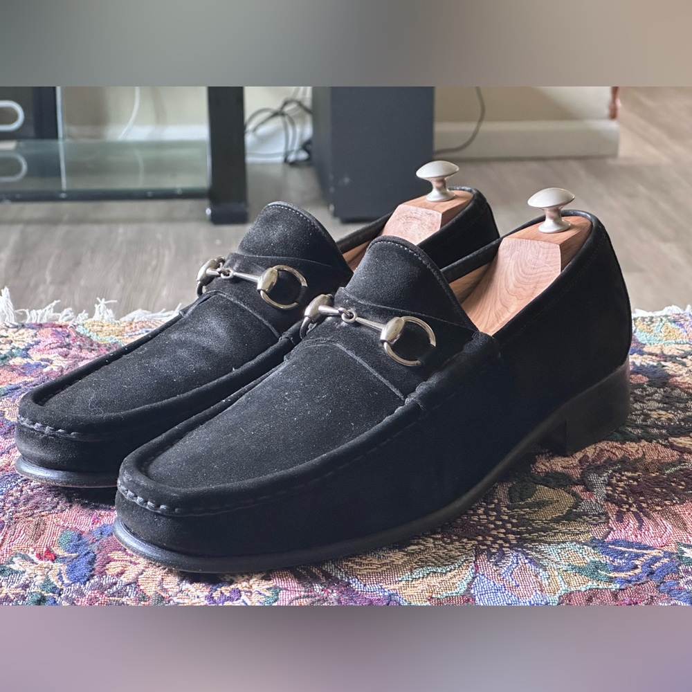 Gucci Classic Horse bit Dark Brown Suede Leather Mens Slip on Loafers Size 10.5